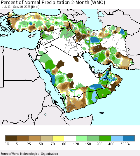 Middle East and Turkey Percent of Normal Precipitation 2-Month (WMO) Thematic Map For 7/11/2023 - 9/10/2023