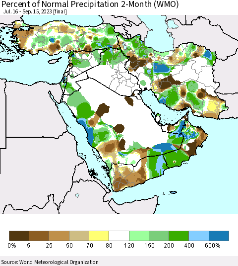 Middle East and Turkey Percent of Normal Precipitation 2-Month (WMO) Thematic Map For 7/16/2023 - 9/15/2023
