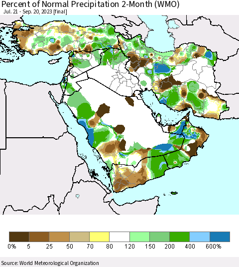 Middle East and Turkey Percent of Normal Precipitation 2-Month (WMO) Thematic Map For 7/21/2023 - 9/20/2023