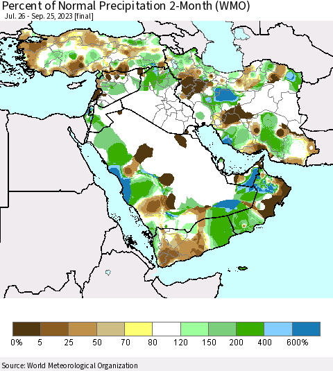 Middle East and Turkey Percent of Normal Precipitation 2-Month (WMO) Thematic Map For 7/26/2023 - 9/25/2023