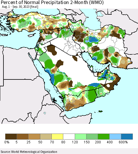 Middle East and Turkey Percent of Normal Precipitation 2-Month (WMO) Thematic Map For 8/1/2023 - 9/30/2023
