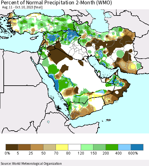 Middle East and Turkey Percent of Normal Precipitation 2-Month (WMO) Thematic Map For 8/11/2023 - 10/10/2023