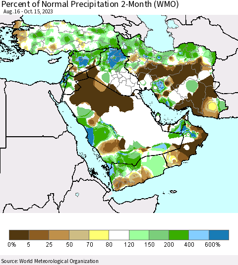 Middle East and Turkey Percent of Normal Precipitation 2-Month (WMO) Thematic Map For 8/16/2023 - 10/15/2023