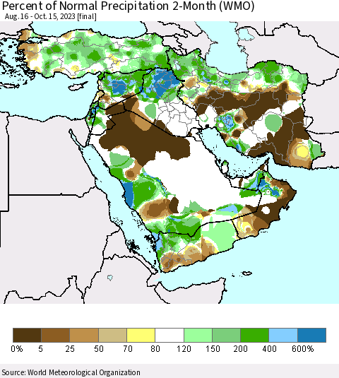 Middle East and Turkey Percent of Normal Precipitation 2-Month (WMO) Thematic Map For 8/16/2023 - 10/15/2023