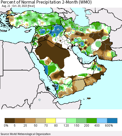 Middle East and Turkey Percent of Normal Precipitation 2-Month (WMO) Thematic Map For 8/21/2023 - 10/20/2023