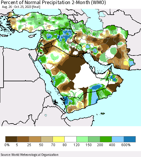 Middle East and Turkey Percent of Normal Precipitation 2-Month (WMO) Thematic Map For 8/26/2023 - 10/25/2023