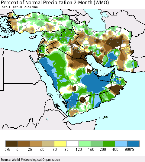 Middle East and Turkey Percent of Normal Precipitation 2-Month (WMO) Thematic Map For 9/1/2023 - 10/31/2023