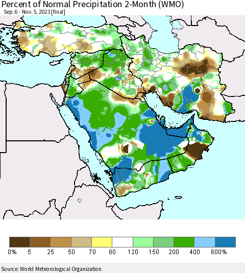 Middle East and Turkey Percent of Normal Precipitation 2-Month (WMO) Thematic Map For 9/6/2023 - 11/5/2023