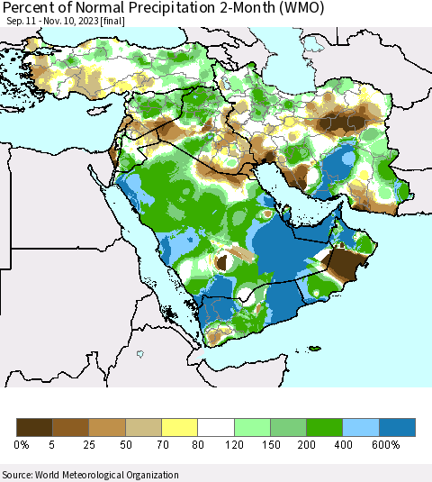 Middle East and Turkey Percent of Normal Precipitation 2-Month (WMO) Thematic Map For 9/11/2023 - 11/10/2023
