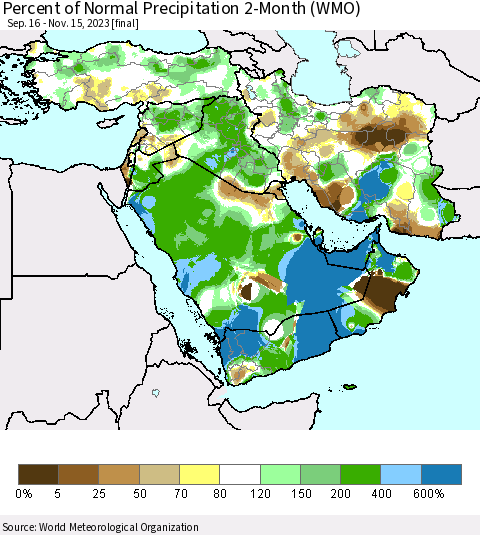 Middle East and Turkey Percent of Normal Precipitation 2-Month (WMO) Thematic Map For 9/16/2023 - 11/15/2023
