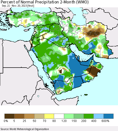Middle East and Turkey Percent of Normal Precipitation 2-Month (WMO) Thematic Map For 9/21/2023 - 11/20/2023