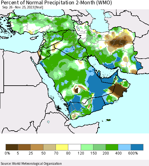 Middle East and Turkey Percent of Normal Precipitation 2-Month (WMO) Thematic Map For 9/26/2023 - 11/25/2023