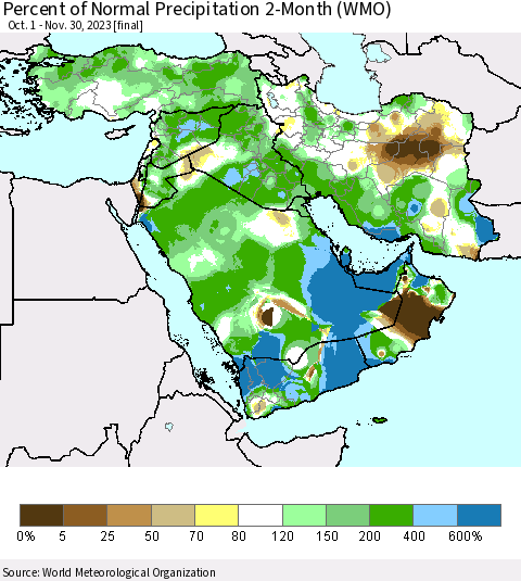 Middle East and Turkey Percent of Normal Precipitation 2-Month (WMO) Thematic Map For 10/1/2023 - 11/30/2023