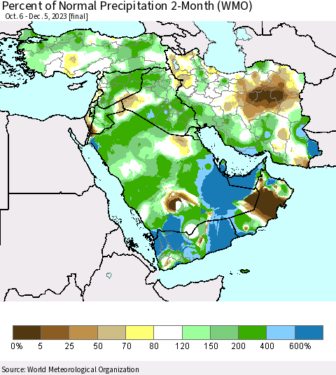 Middle East and Turkey Percent of Normal Precipitation 2-Month (WMO) Thematic Map For 10/6/2023 - 12/5/2023
