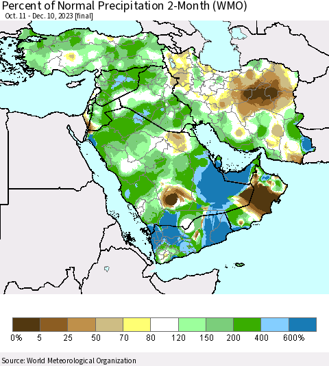 Middle East and Turkey Percent of Normal Precipitation 2-Month (WMO) Thematic Map For 10/11/2023 - 12/10/2023