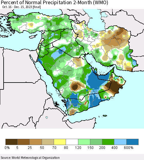 Middle East and Turkey Percent of Normal Precipitation 2-Month (WMO) Thematic Map For 10/16/2023 - 12/15/2023