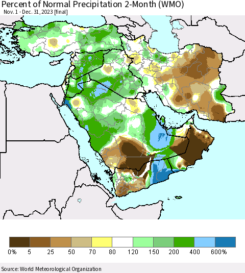 Middle East and Turkey Percent of Normal Precipitation 2-Month (WMO) Thematic Map For 11/1/2023 - 12/31/2023
