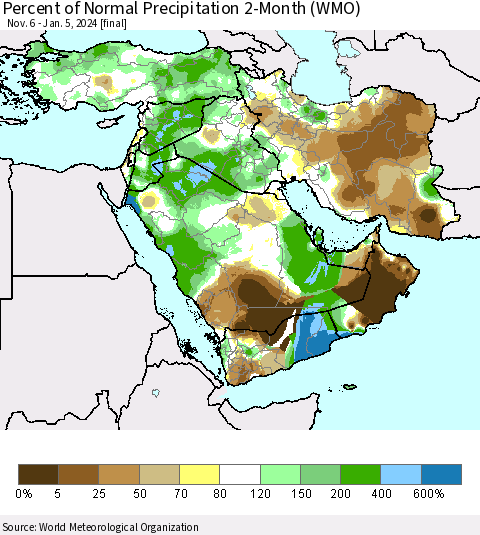 Middle East and Turkey Percent of Normal Precipitation 2-Month (WMO) Thematic Map For 11/6/2023 - 1/5/2024
