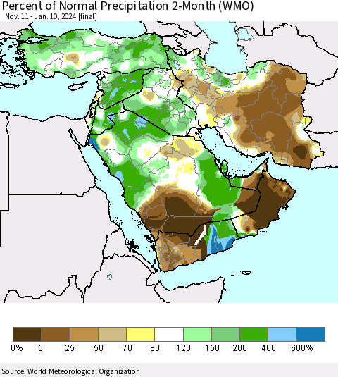 Middle East and Turkey Percent of Normal Precipitation 2-Month (WMO) Thematic Map For 11/11/2023 - 1/10/2024
