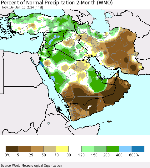 Middle East and Turkey Percent of Normal Precipitation 2-Month (WMO) Thematic Map For 11/16/2023 - 1/15/2024