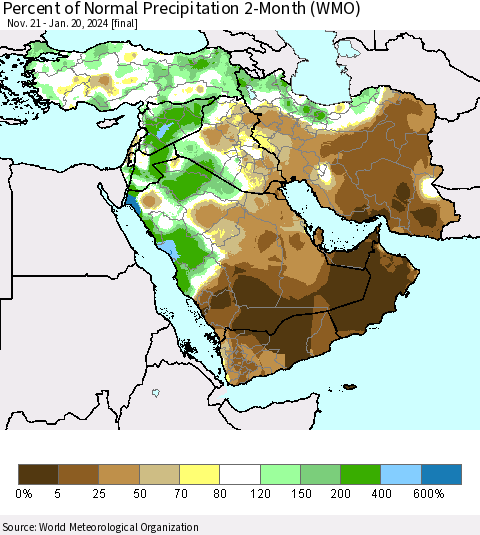 Middle East and Turkey Percent of Normal Precipitation 2-Month (WMO) Thematic Map For 11/21/2023 - 1/20/2024