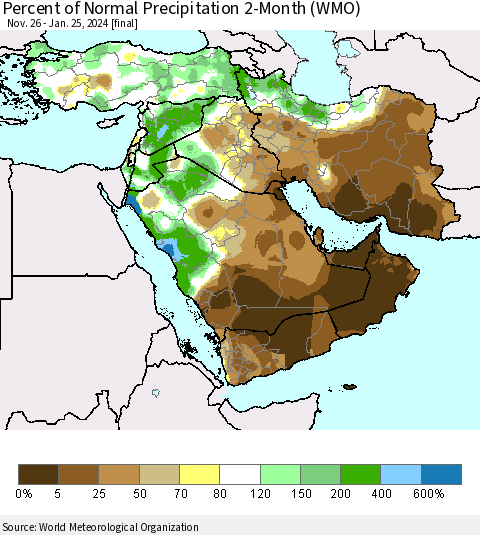 Middle East and Turkey Percent of Normal Precipitation 2-Month (WMO) Thematic Map For 11/26/2023 - 1/25/2024