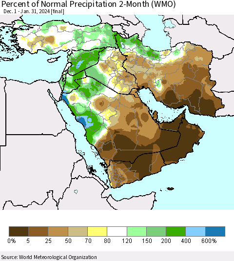 Middle East and Turkey Percent of Normal Precipitation 2-Month (WMO) Thematic Map For 12/1/2023 - 1/31/2024