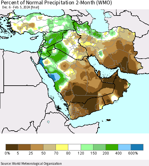 Middle East and Turkey Percent of Normal Precipitation 2-Month (WMO) Thematic Map For 12/6/2023 - 2/5/2024