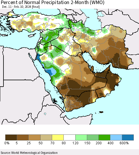 Middle East and Turkey Percent of Normal Precipitation 2-Month (WMO) Thematic Map For 12/11/2023 - 2/10/2024
