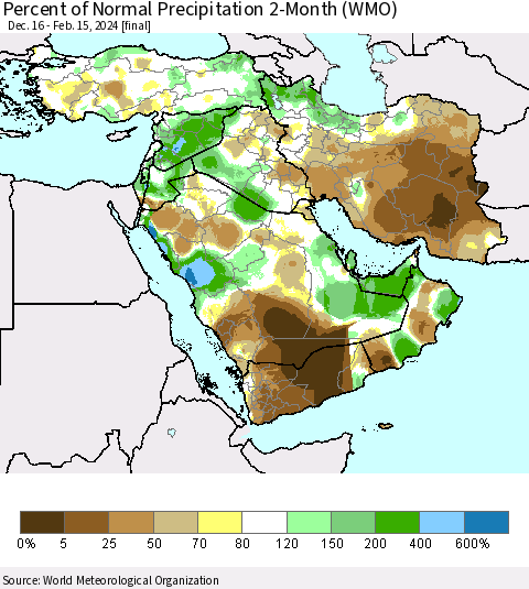 Middle East and Turkey Percent of Normal Precipitation 2-Month (WMO) Thematic Map For 12/16/2023 - 2/15/2024