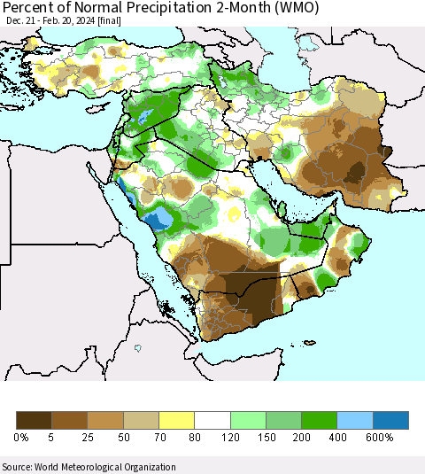 Middle East and Turkey Percent of Normal Precipitation 2-Month (WMO) Thematic Map For 12/21/2023 - 2/20/2024