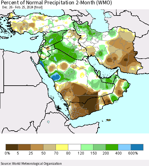 Middle East and Turkey Percent of Normal Precipitation 2-Month (WMO) Thematic Map For 12/26/2023 - 2/25/2024