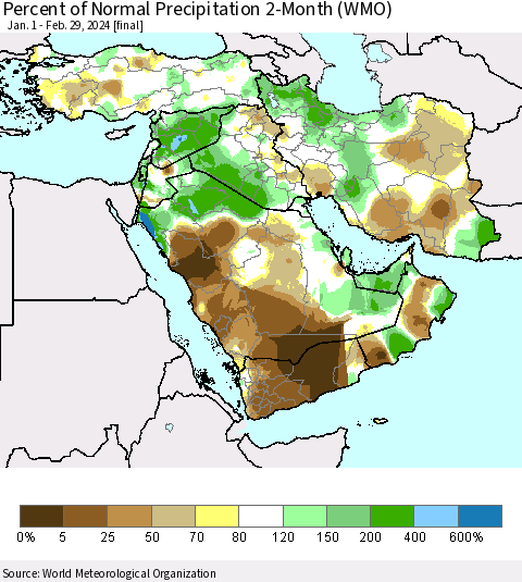 Middle East and Turkey Percent of Normal Precipitation 2-Month (WMO) Thematic Map For 1/1/2024 - 2/29/2024