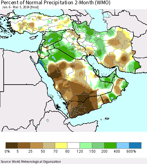 Middle East and Turkey Percent of Normal Precipitation 2-Month (WMO) Thematic Map For 1/6/2024 - 3/5/2024