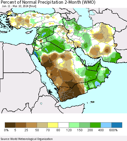 Middle East and Turkey Percent of Normal Precipitation 2-Month (WMO) Thematic Map For 1/11/2024 - 3/10/2024