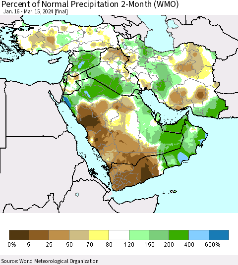 Middle East and Turkey Percent of Normal Precipitation 2-Month (WMO) Thematic Map For 1/16/2024 - 3/15/2024