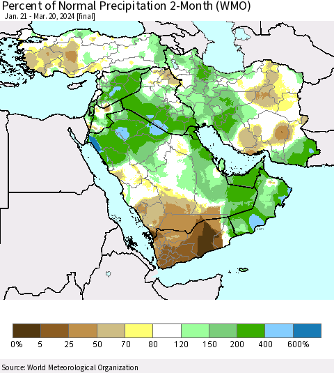 Middle East and Turkey Percent of Normal Precipitation 2-Month (WMO) Thematic Map For 1/21/2024 - 3/20/2024