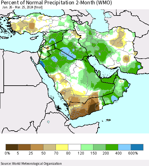 Middle East and Turkey Percent of Normal Precipitation 2-Month (WMO) Thematic Map For 1/26/2024 - 3/25/2024