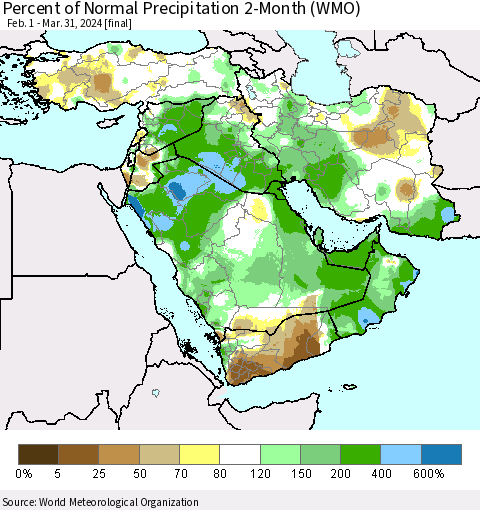 Middle East and Turkey Percent of Normal Precipitation 2-Month (WMO) Thematic Map For 2/1/2024 - 3/31/2024