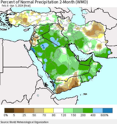 Middle East and Turkey Percent of Normal Precipitation 2-Month (WMO) Thematic Map For 2/6/2024 - 4/5/2024