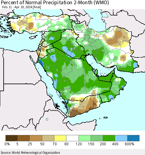 Middle East and Turkey Percent of Normal Precipitation 2-Month (WMO) Thematic Map For 2/11/2024 - 4/10/2024