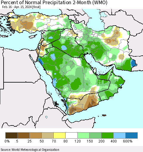 Middle East and Turkey Percent of Normal Precipitation 2-Month (WMO) Thematic Map For 2/16/2024 - 4/15/2024