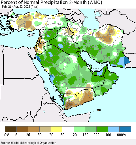 Middle East and Turkey Percent of Normal Precipitation 2-Month (WMO) Thematic Map For 2/21/2024 - 4/20/2024