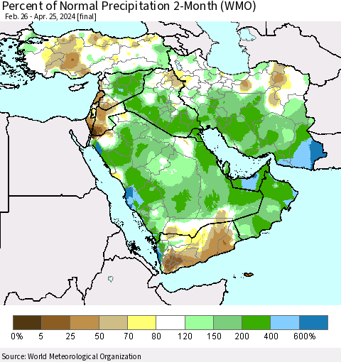 Middle East and Turkey Percent of Normal Precipitation 2-Month (WMO) Thematic Map For 2/26/2024 - 4/25/2024