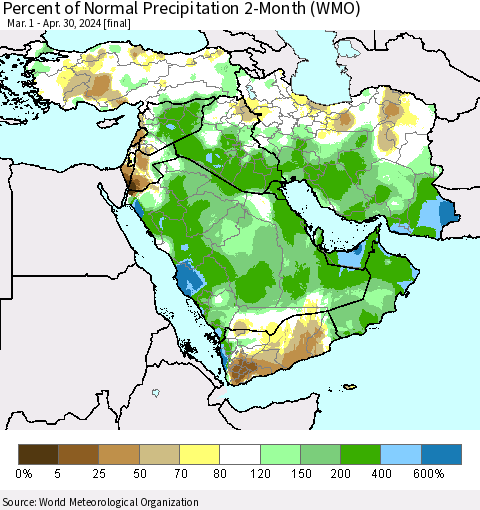 Middle East and Turkey Percent of Normal Precipitation 2-Month (WMO) Thematic Map For 3/1/2024 - 4/30/2024
