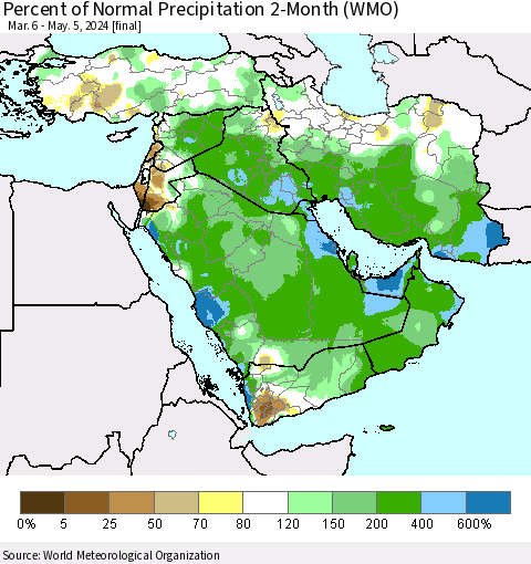Middle East and Turkey Percent of Normal Precipitation 2-Month (WMO) Thematic Map For 3/6/2024 - 5/5/2024