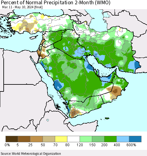 Middle East and Turkey Percent of Normal Precipitation 2-Month (WMO) Thematic Map For 3/11/2024 - 5/10/2024