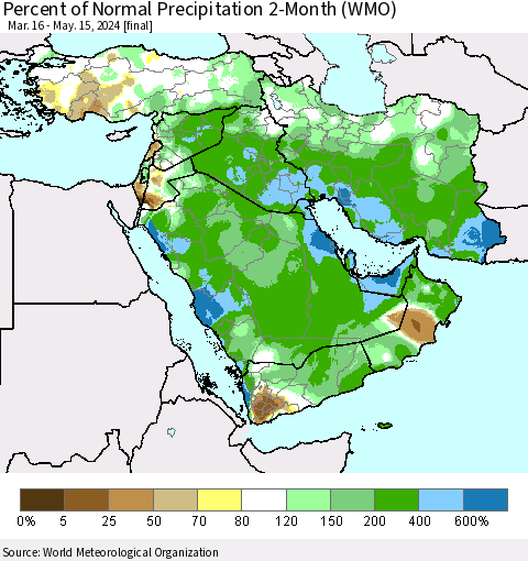 Middle East and Turkey Percent of Normal Precipitation 2-Month (WMO) Thematic Map For 3/16/2024 - 5/15/2024