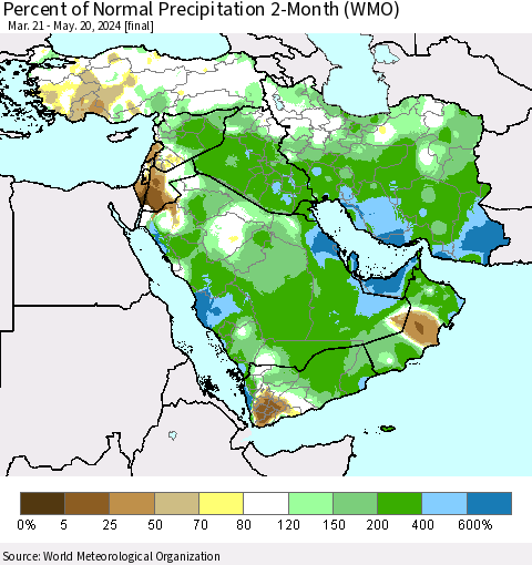 Middle East and Turkey Percent of Normal Precipitation 2-Month (WMO) Thematic Map For 3/21/2024 - 5/20/2024