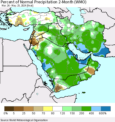 Middle East and Turkey Percent of Normal Precipitation 2-Month (WMO) Thematic Map For 3/26/2024 - 5/25/2024